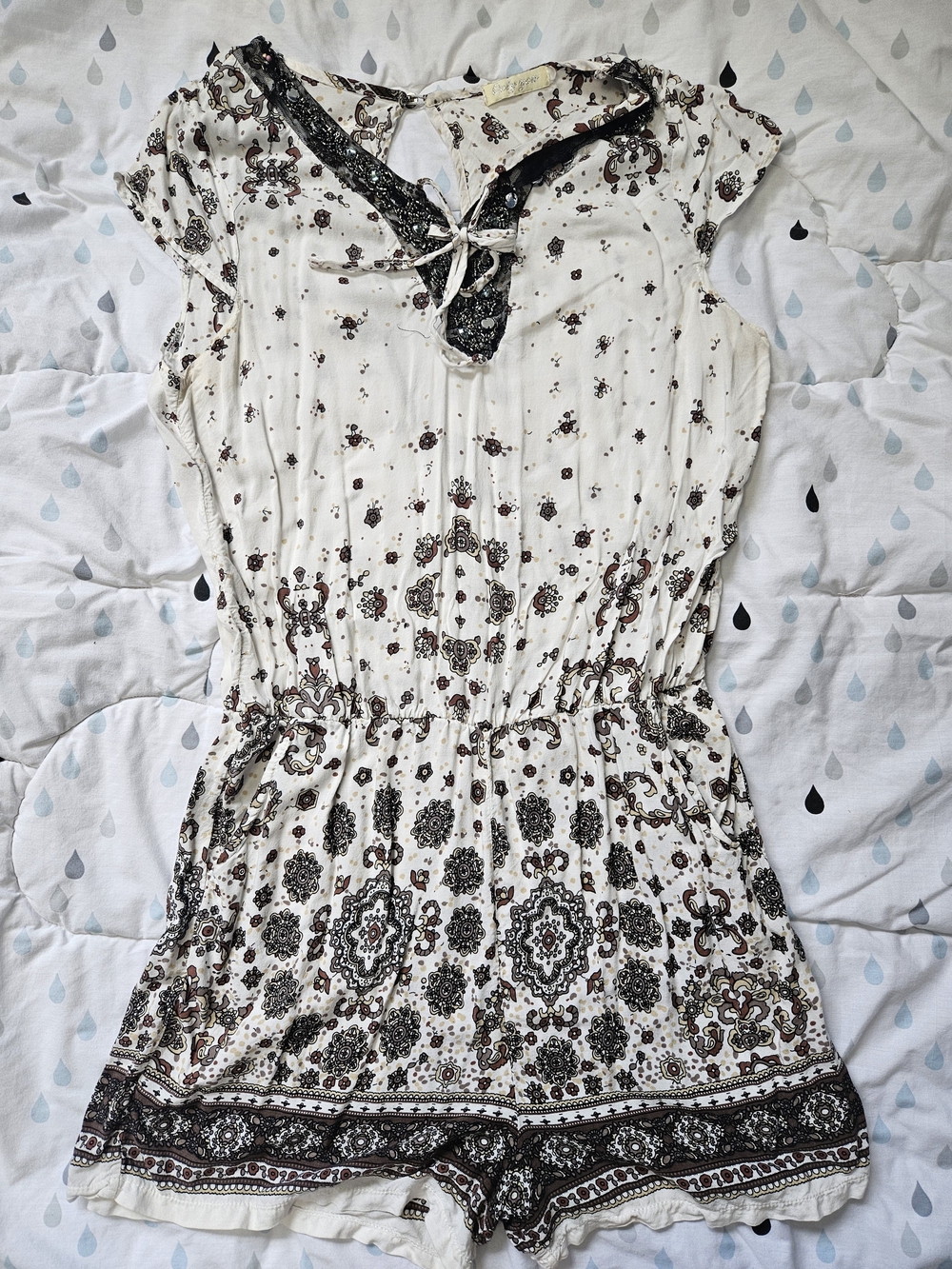Boho Print Cream Short-Sleeve Romper